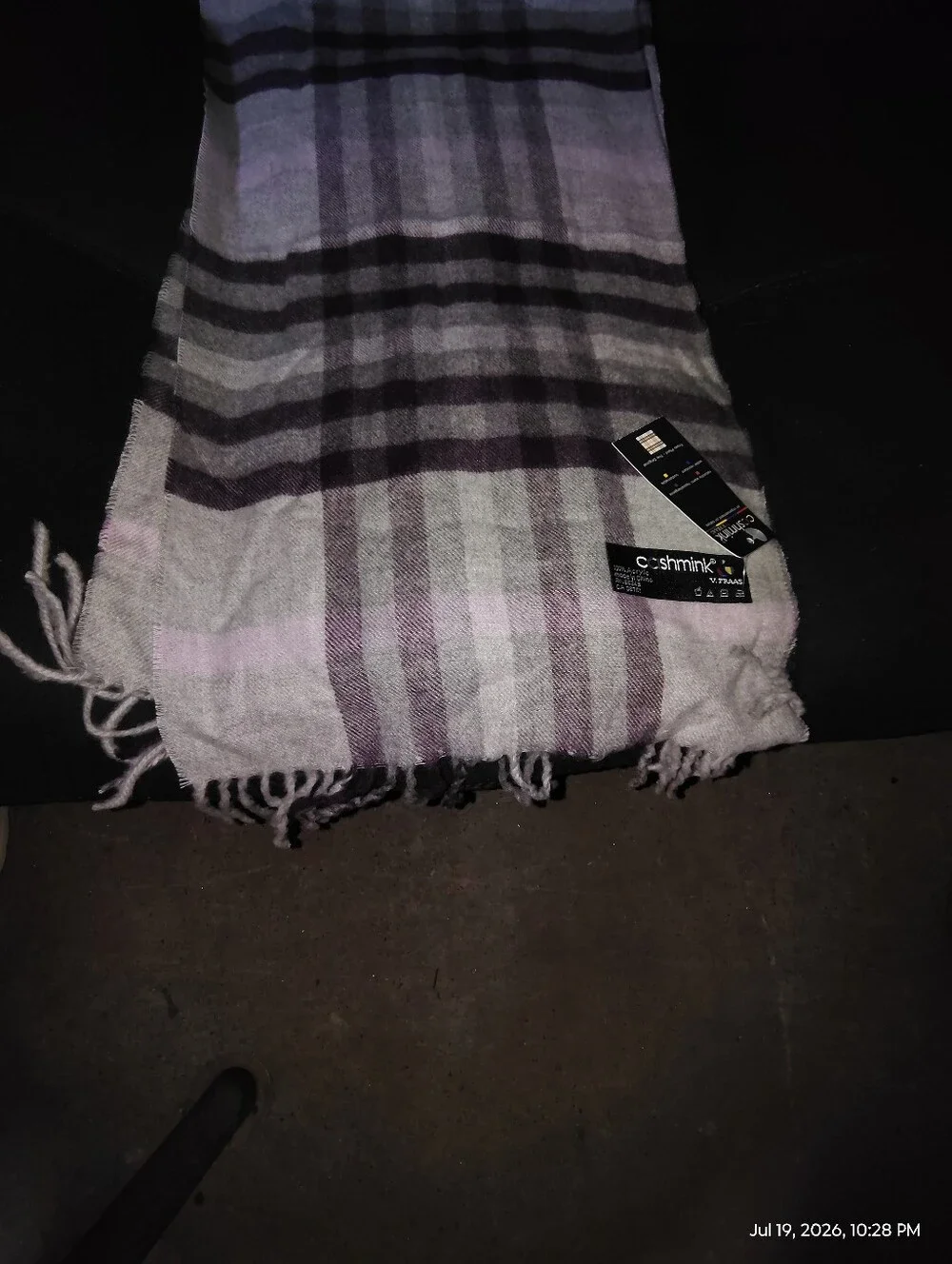 V. FRAAS Purple and Gray Plaid Fringe Scarf Wrap
